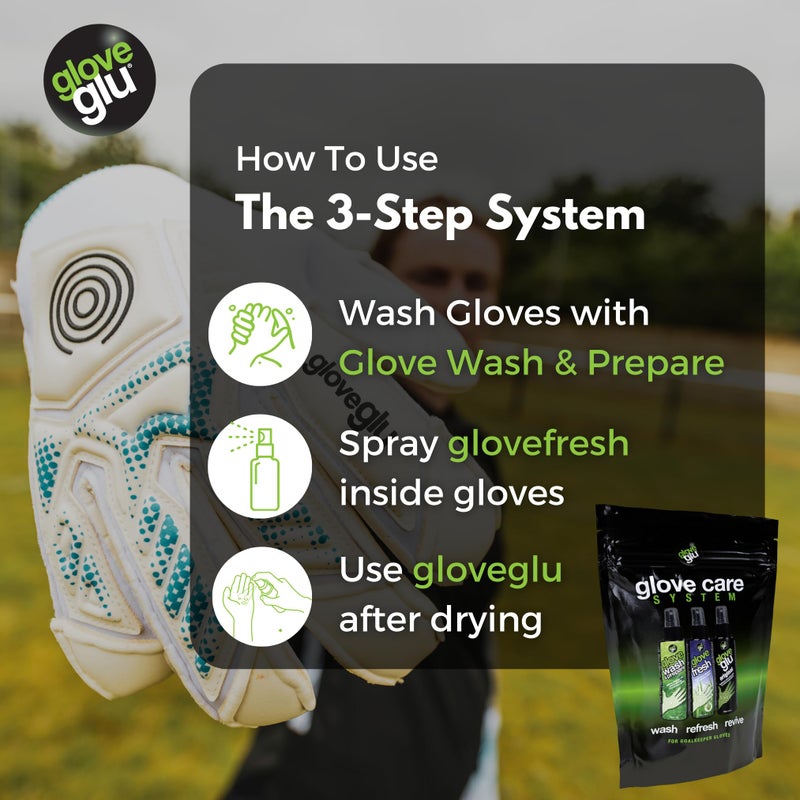 جلوف جلو مجموعة نظام العناية بقفازات حراسة المرمى من gloveglu × 3 - بما في ذلك الغسيل والتحضير بتركيبة حارس المرمى المتميزة 120 مل، قفاز حراسة المرمى بخاخ منعش 120 مل وبخاخ تركيبة حارس المرمى الأصلي 120 مل - Image 5